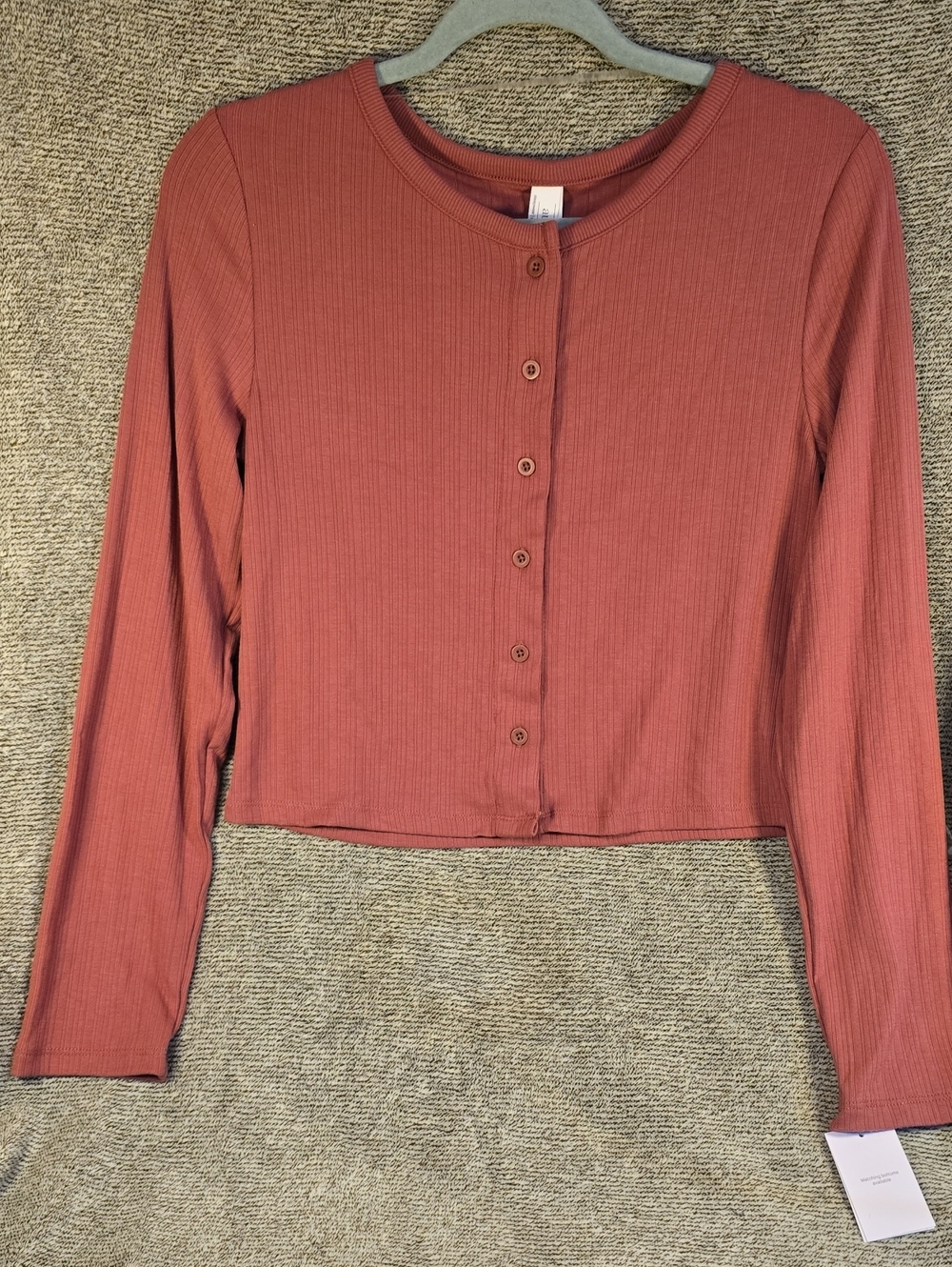 Auden Ribbed Button-Front Long-Sleeve PJ Top - Rust